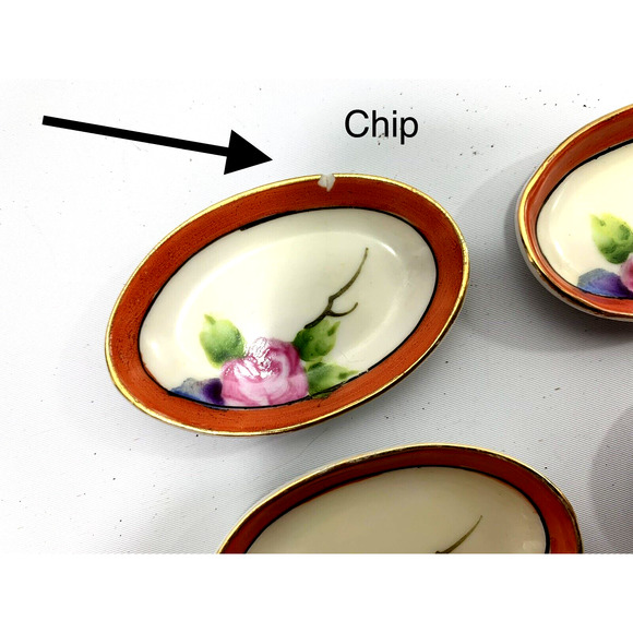 Nippon‎ Vintage Floral Celery Dish & 6 Salt Dishes Orange Gold Trim Japan - Picture 7 of 9